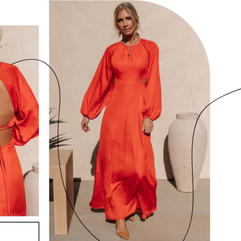 Red Long-Sleeve Maxi Red Dress Tie Up Open Back Wedding Guest Formal Prom